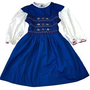 Hand-Smocked Vintage Royal Blue Long Sleeve Girls Dress